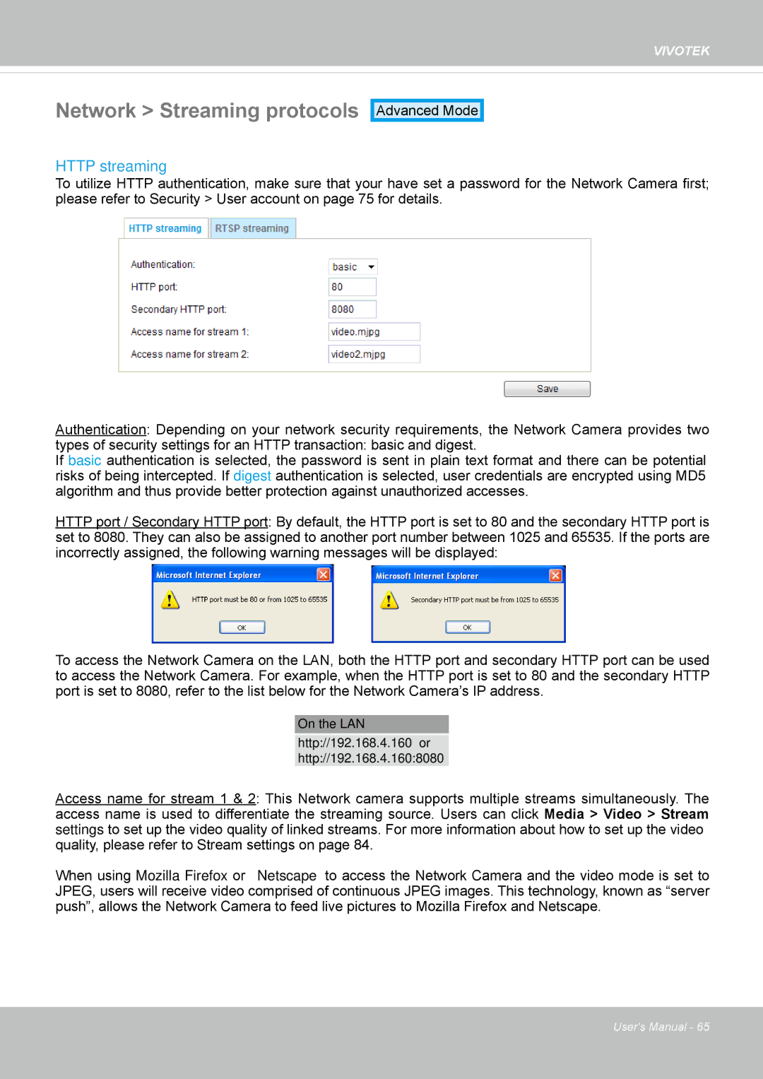 Vivotek FD8335H user manual Network Streaming protocols, Http streaming 