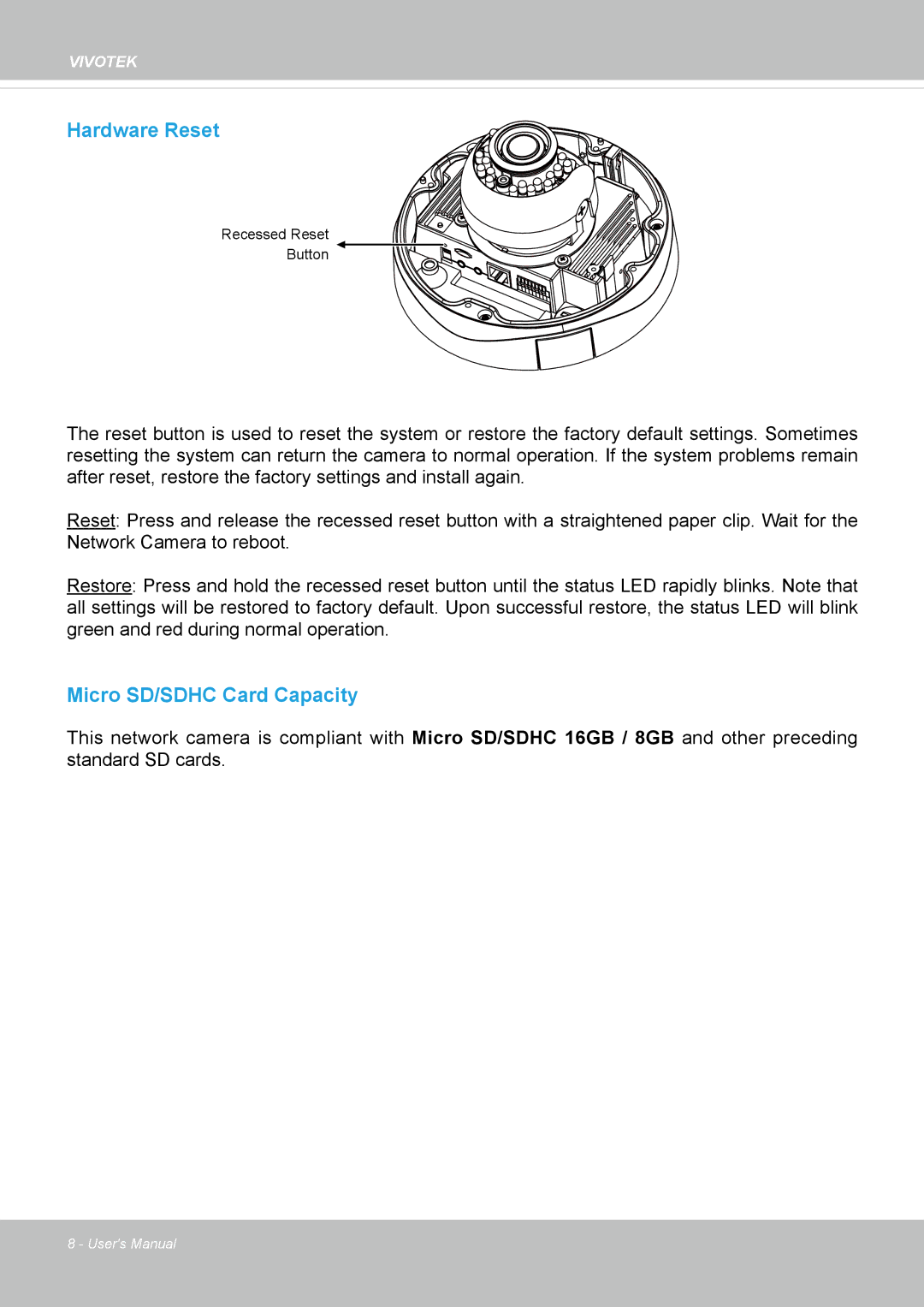 Vivotek FD8335H user manual Hardware Reset 