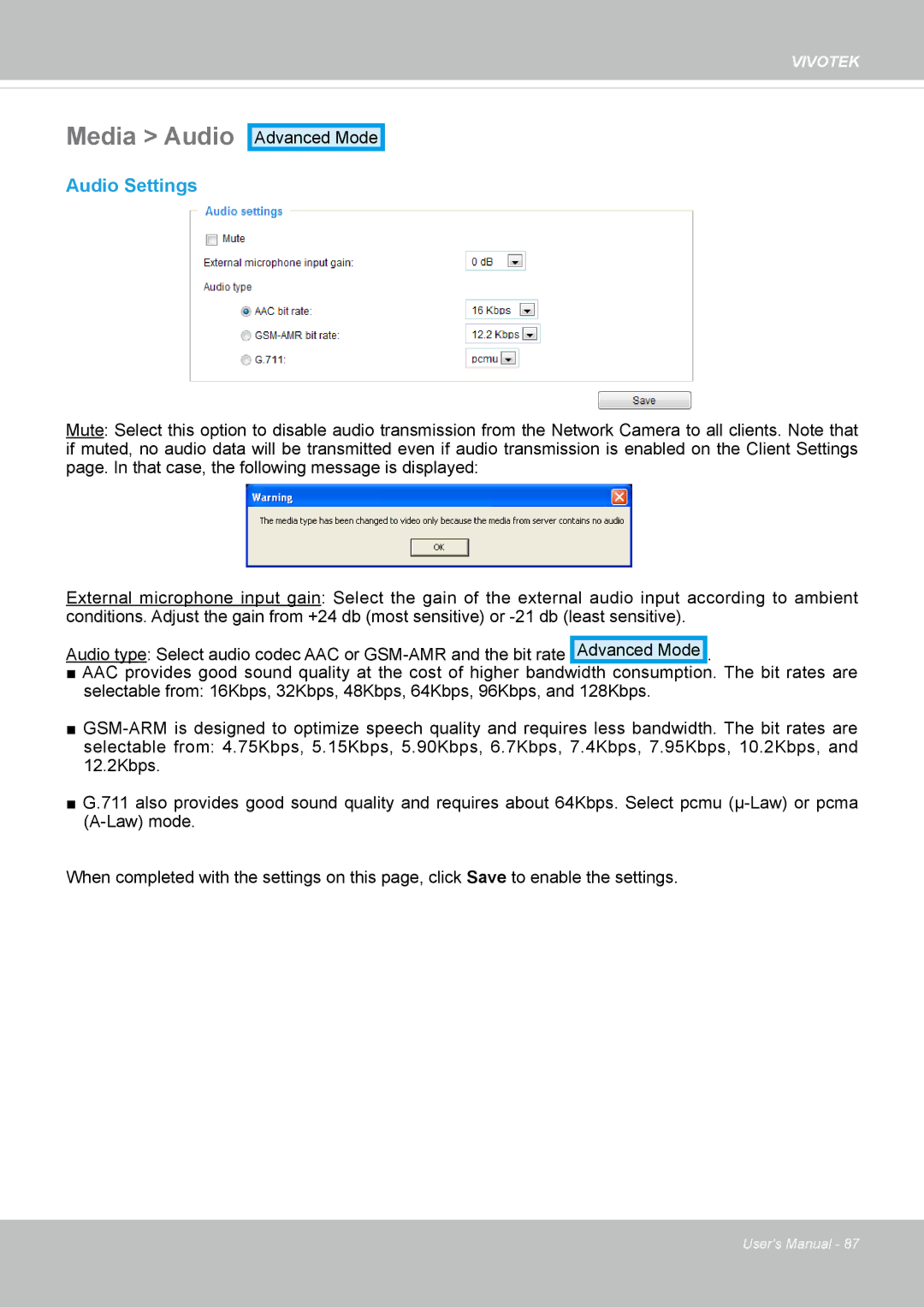 Vivotek FD8335H user manual Media Audio, Audio Settings 