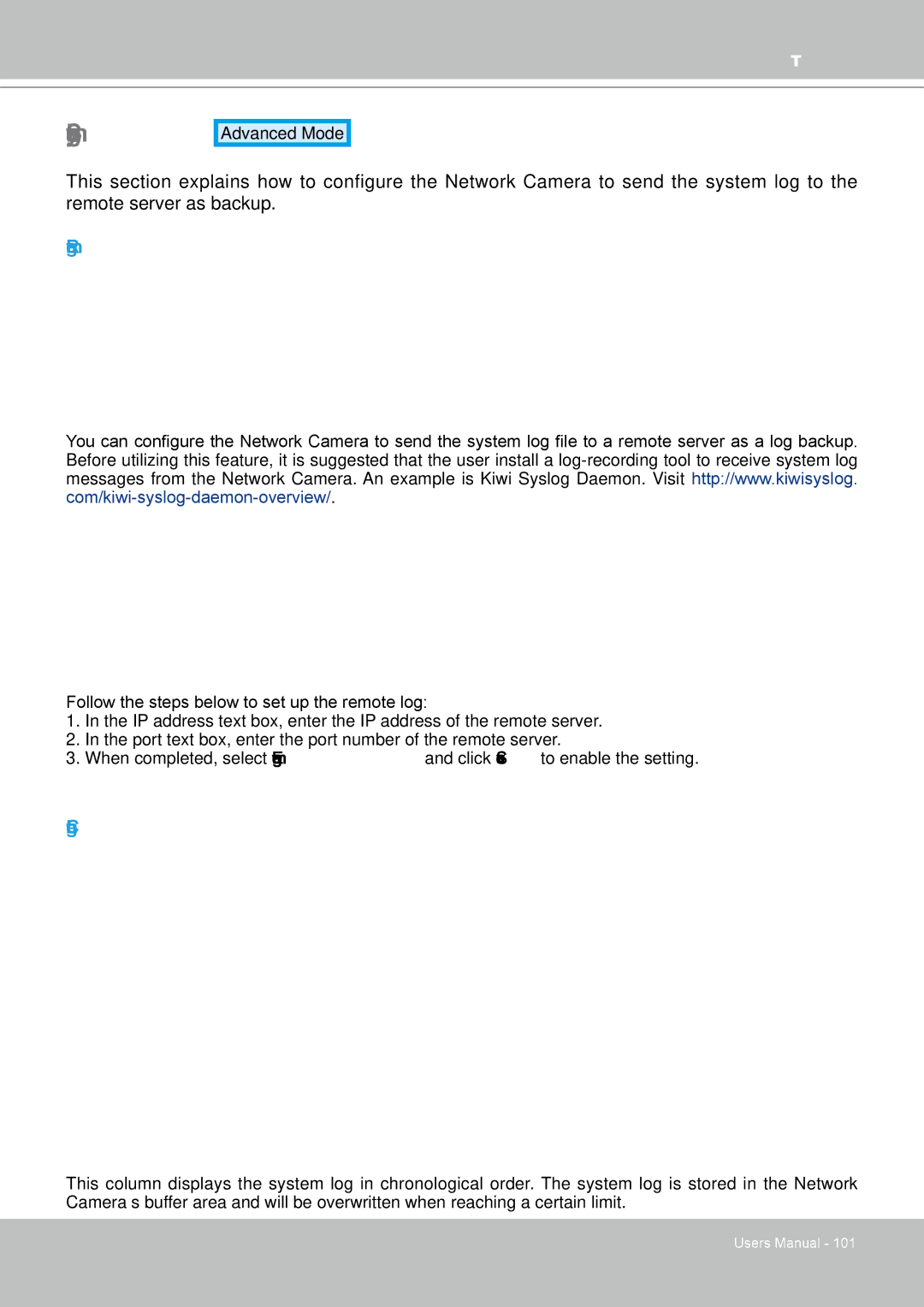 Vivotek FD8361 user manual System Log, Remote Log, Current Log 