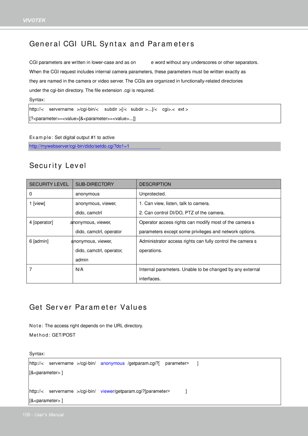 Vivotek FD8361 user manual General CGI URL Syntax and Parameters, Security Level, Get Server Parameter Values 