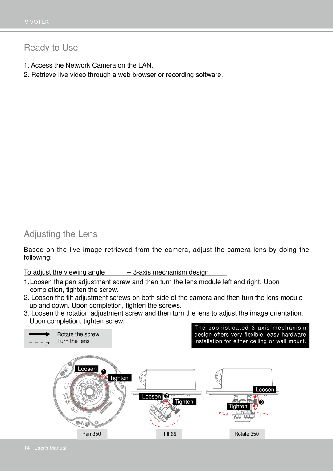 Vivotek FD8361 user manual Ready to Use, Adjusting the Lens 