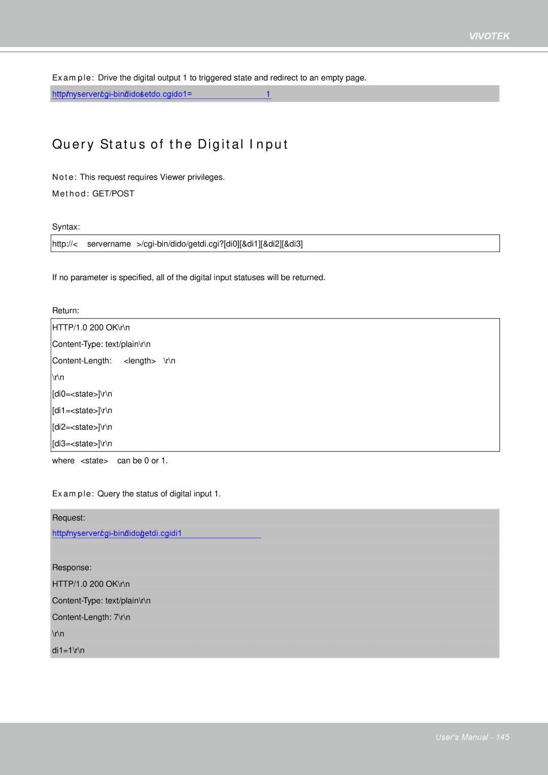 Vivotek FD8361 user manual Query Status of the Digital Input, Di0=state\r\n Di1=state\r\n Di2=state\r\n Di3=state\r\n 