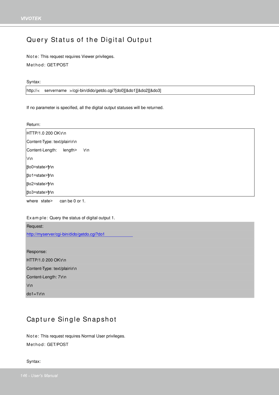 Vivotek FD8361 user manual Query Status of the Digital Output, Capture Single Snapshot 