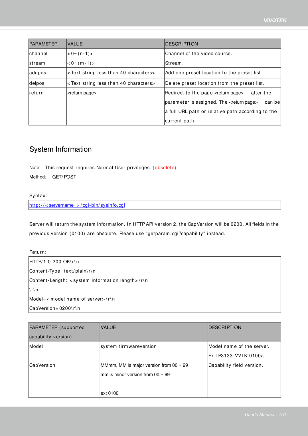 Vivotek FD8361 user manual System Information, Http//servername/cgi-bin/sysinfo.cgi 