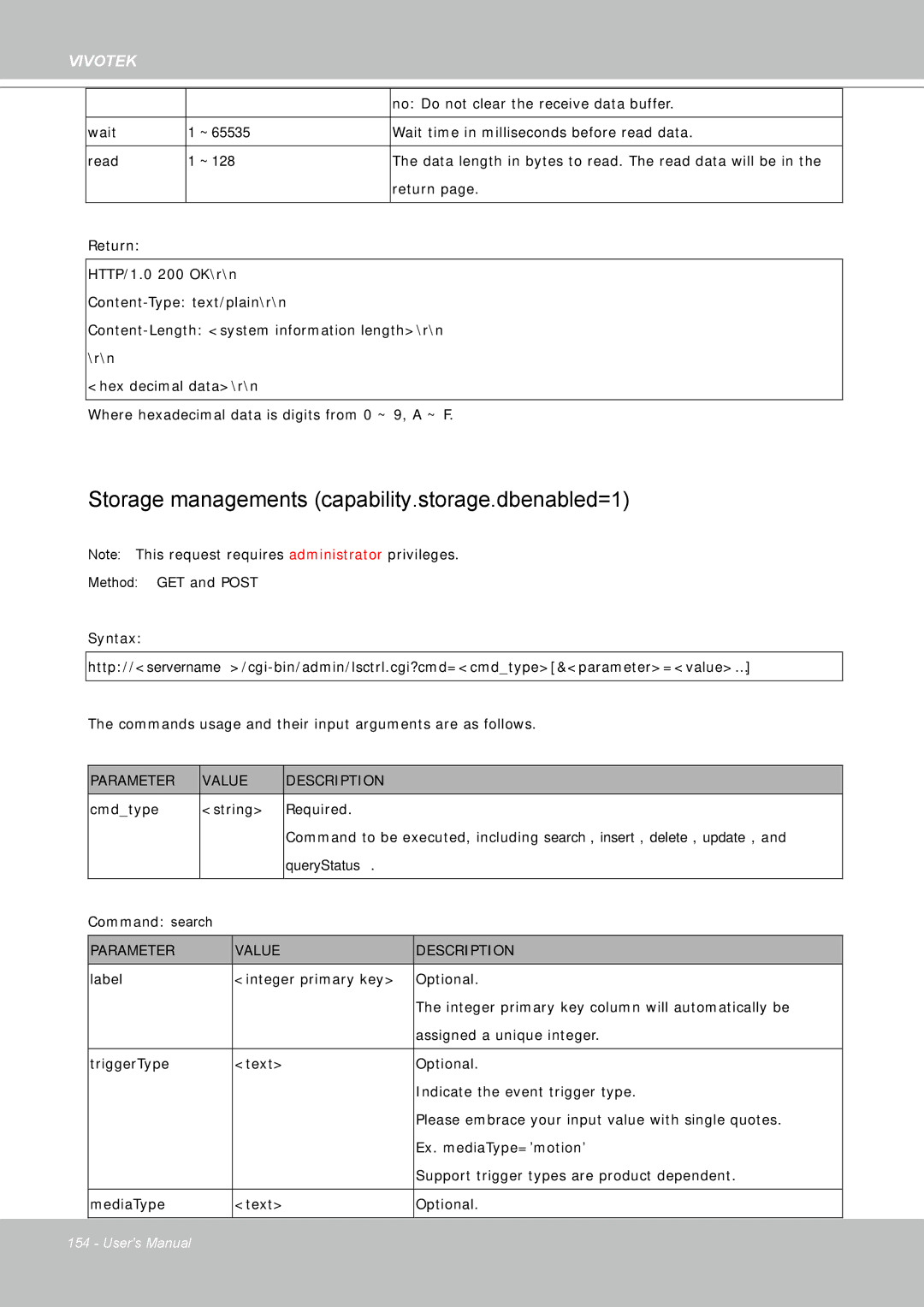 Vivotek FD8361 user manual Storage managements capability.storage.dbenabled=1, QueryStatus 