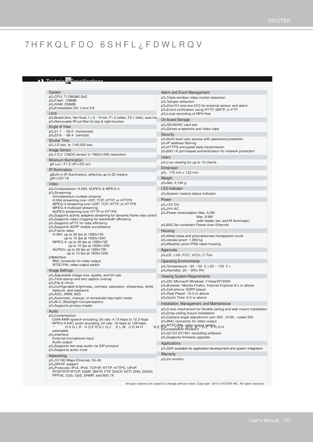 Vivotek FD8361 user manual Technical Specifications 