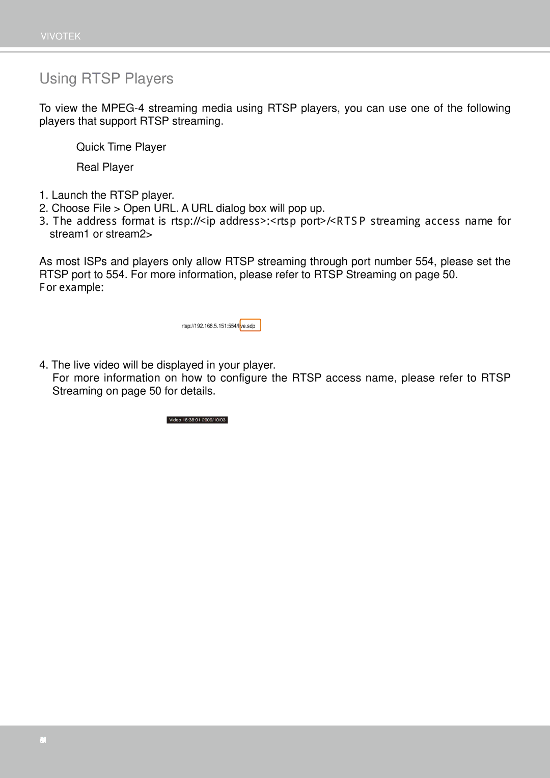 Vivotek FD8361 user manual Using Rtsp Players 
