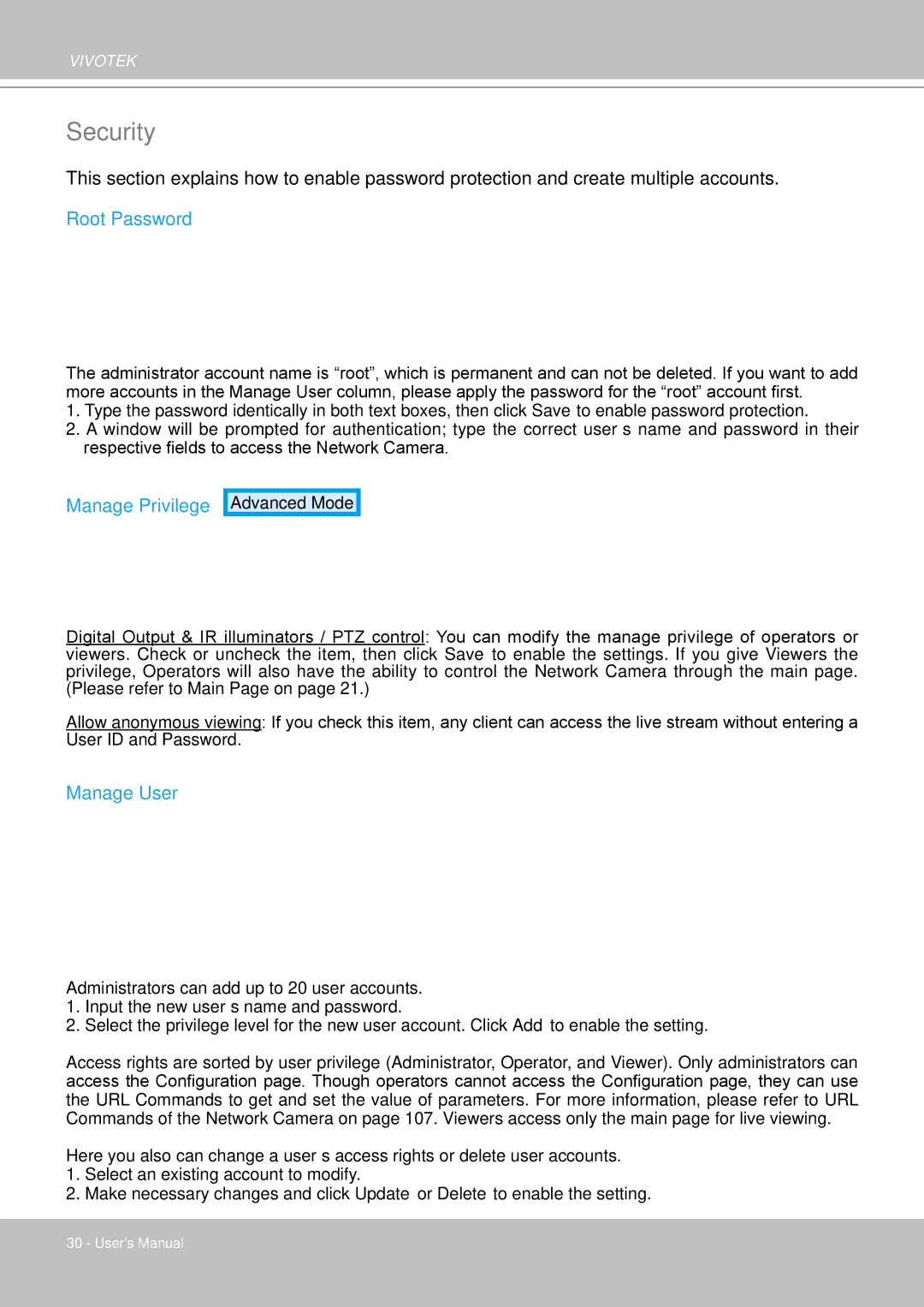 Vivotek FD8361 user manual Security, Root Password, Manage Privilege, Manage User 