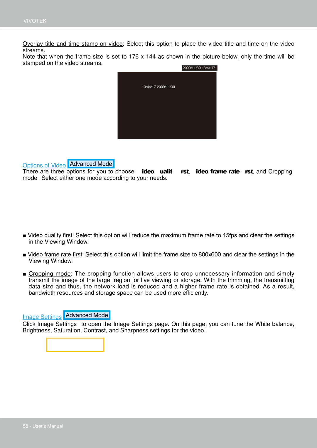 Vivotek FD8361 user manual Options of Video Advanced Mode 