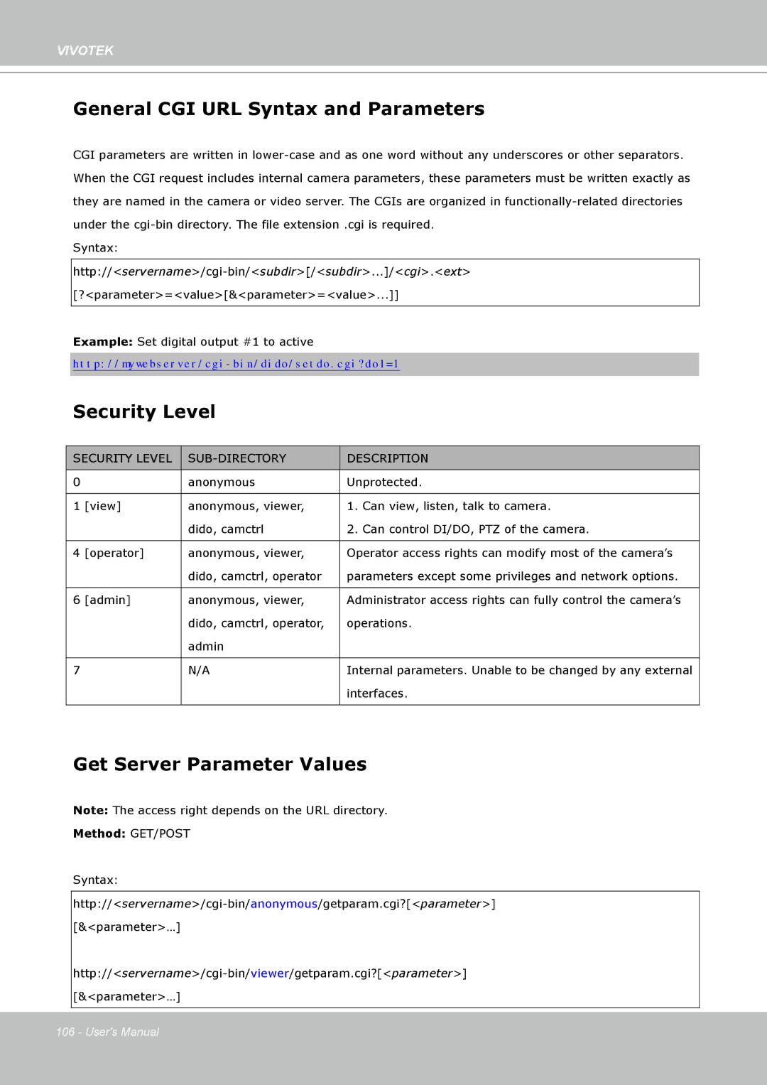Vivotek FD8361L manual General CGI URL Syntax and Parameters, Security Level, Get Server Parameter Values 