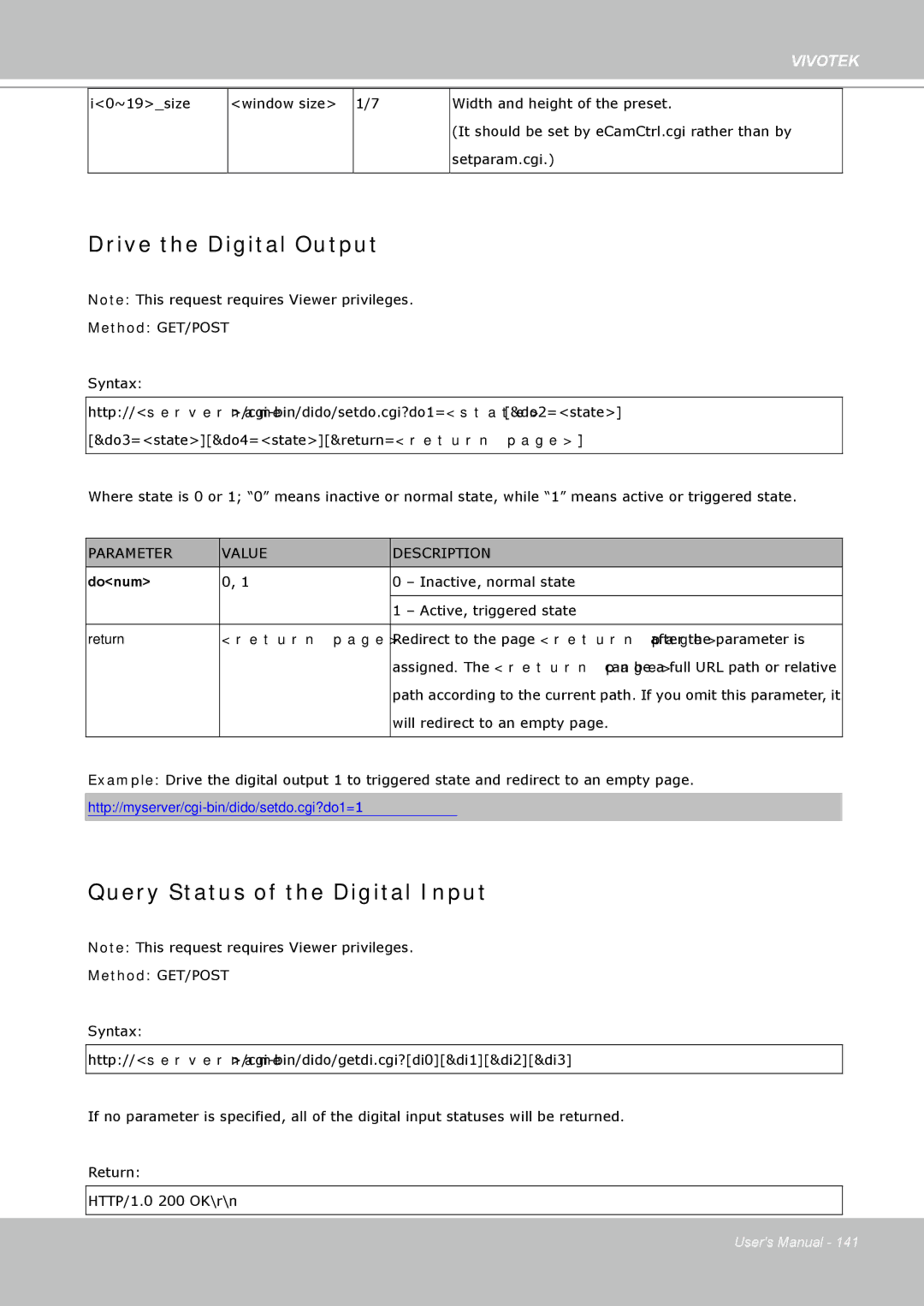 Vivotek FD8361L manual Drive the Digital Output, Query Status of the Digital Input 