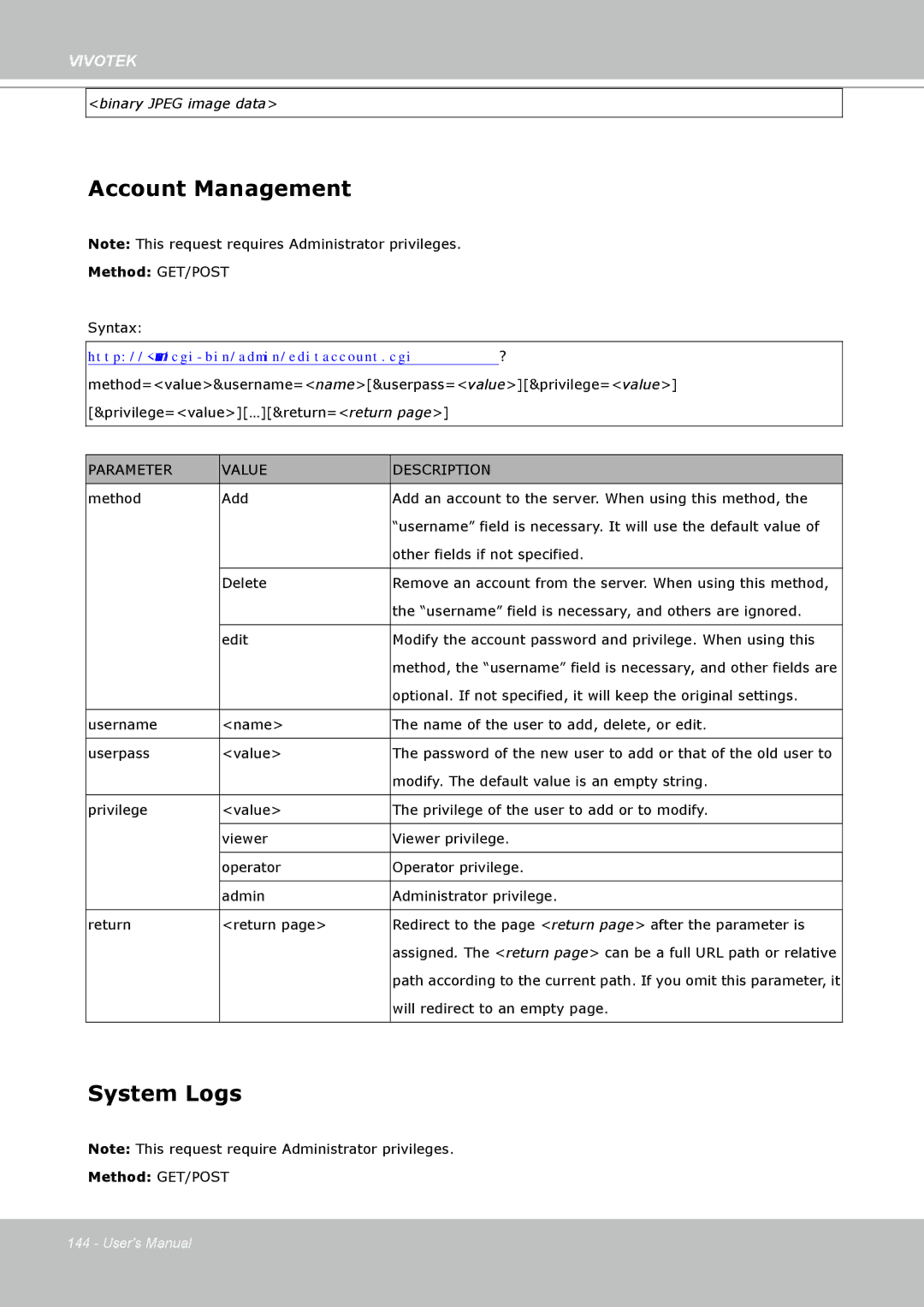 Vivotek FD8361L manual Account Management, System Logs 