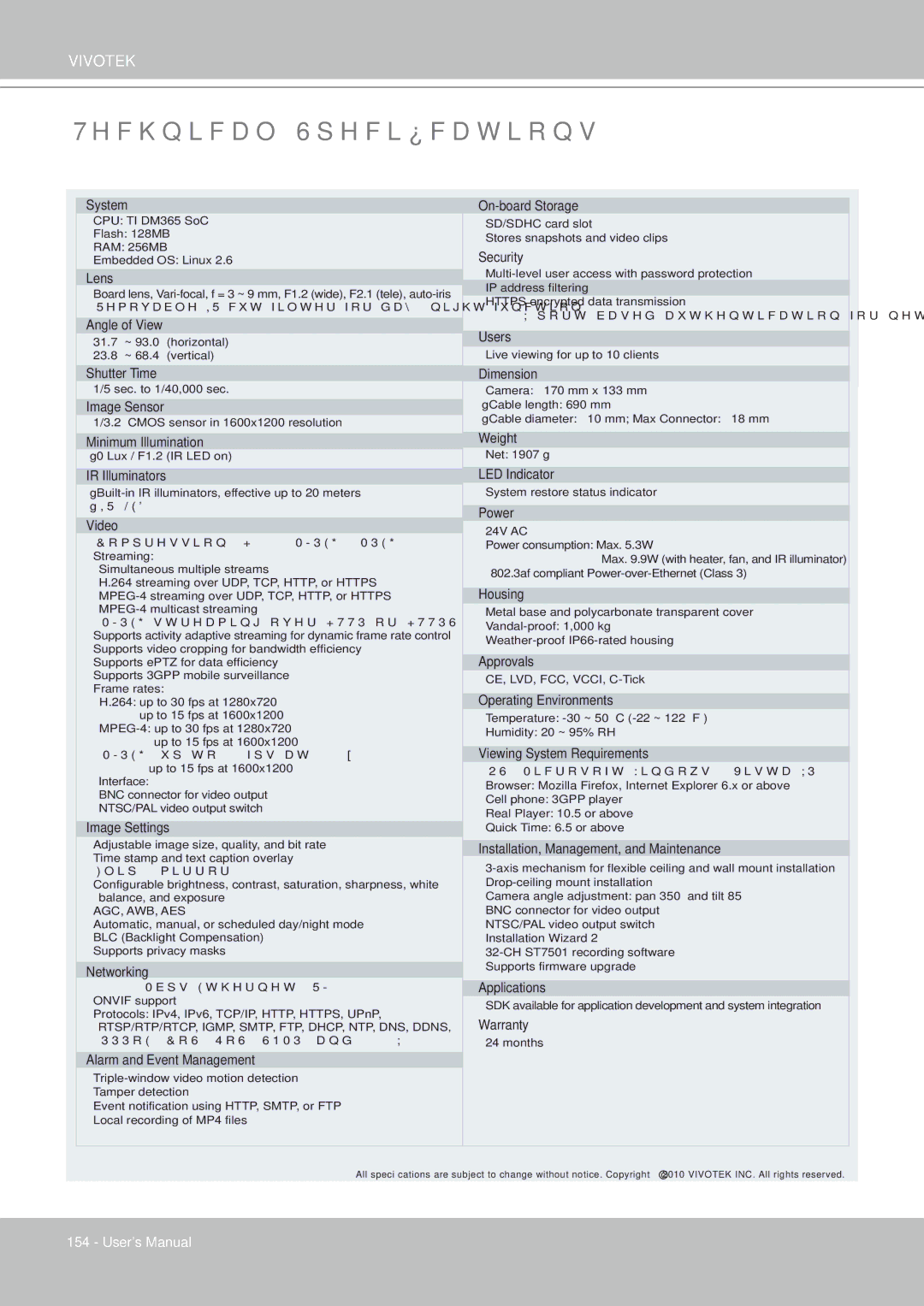 Vivotek FD8361L manual Technical Specifications, Lens 