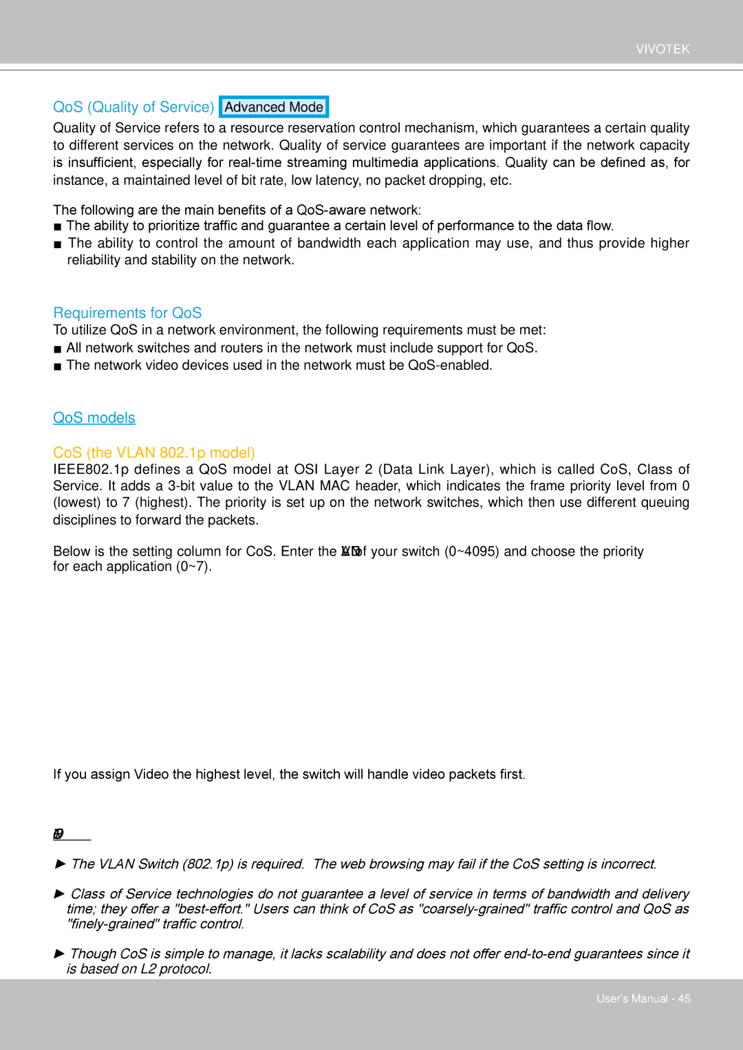 Vivotek FD8361L manual CoS the Vlan 8021p model 