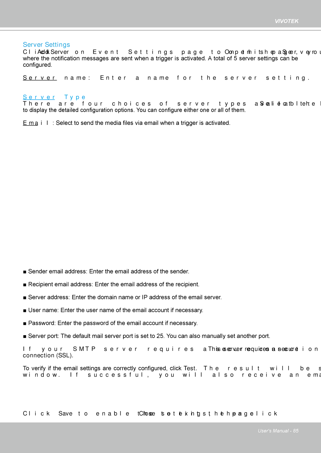 Vivotek FD8361L manual Server Settings, Server Type 