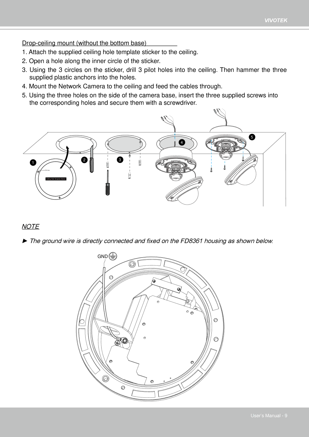 Vivotek FD8361L manual Drop-ceiling mount without the bottom base 