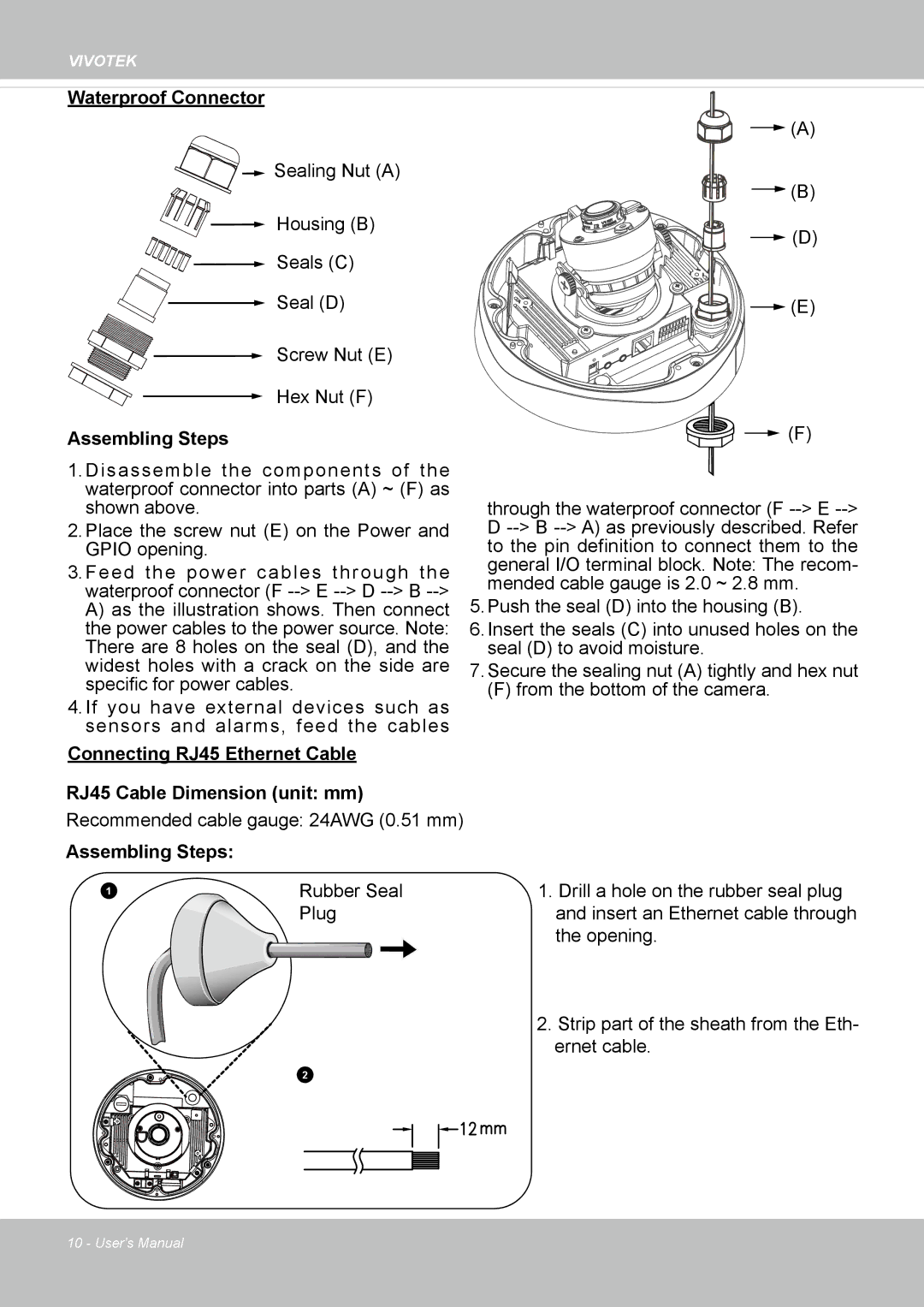 Vivotek FD8362, 62E manual Waterproof Connector 