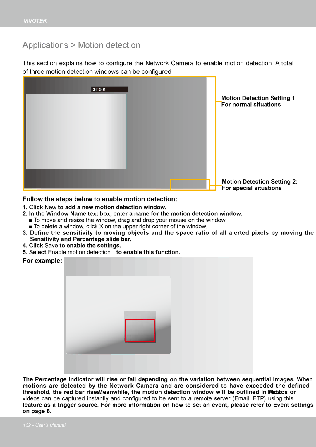 Vivotek FD8362, 62E manual Applications Motion detection, Follow the steps below to enable motion detection 