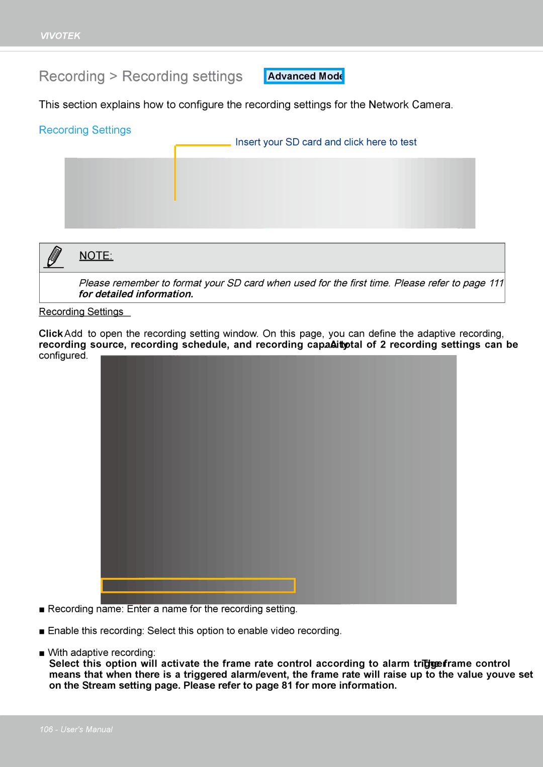 Vivotek FD8362, 62E manual Recording Recording settings, Recording Settings 