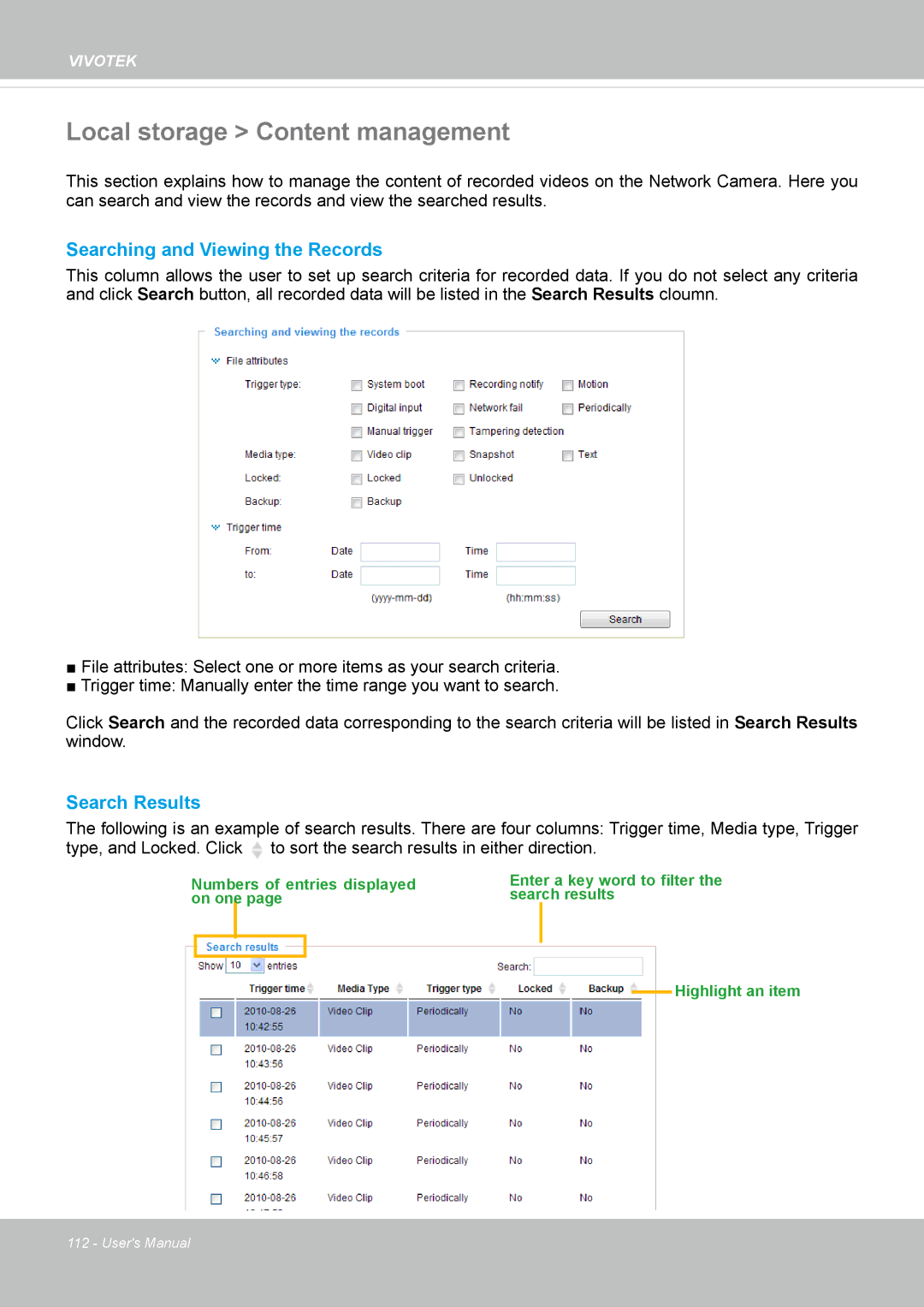 Vivotek FD8362, 62E manual Local storage Content management, Searching and Viewing the Records, Search Results 