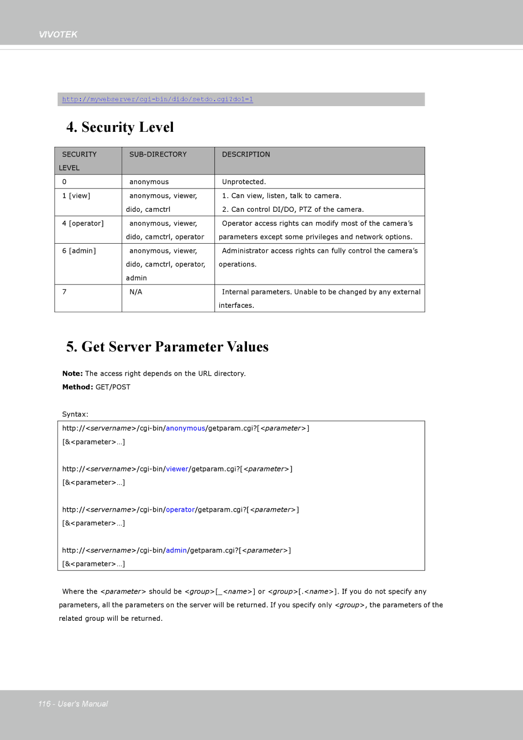 Vivotek FD8362, 62E manual Security Level 