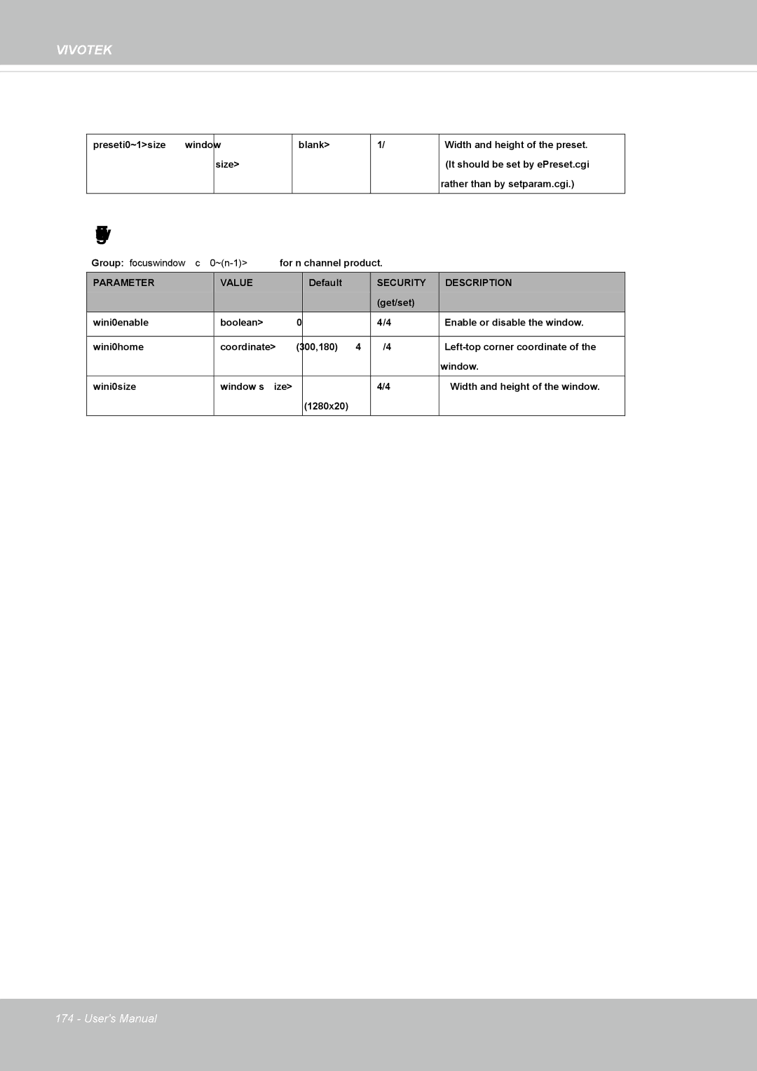 Vivotek FD8362, 62E manual Focus Window setting, Preseti0~19size window size Blank 