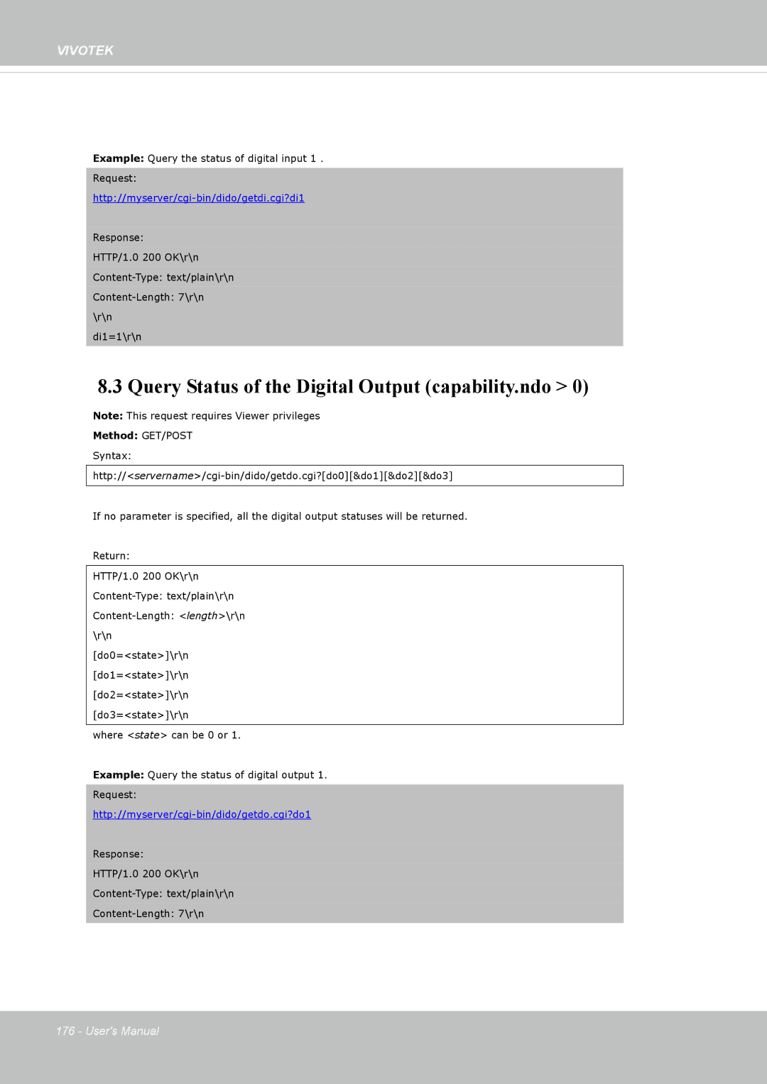 Vivotek FD8362, 62E manual Query Status of the Digital Output capability.ndo, Http//myserver/cgi-bin/dido/getdi.cgi?di1 