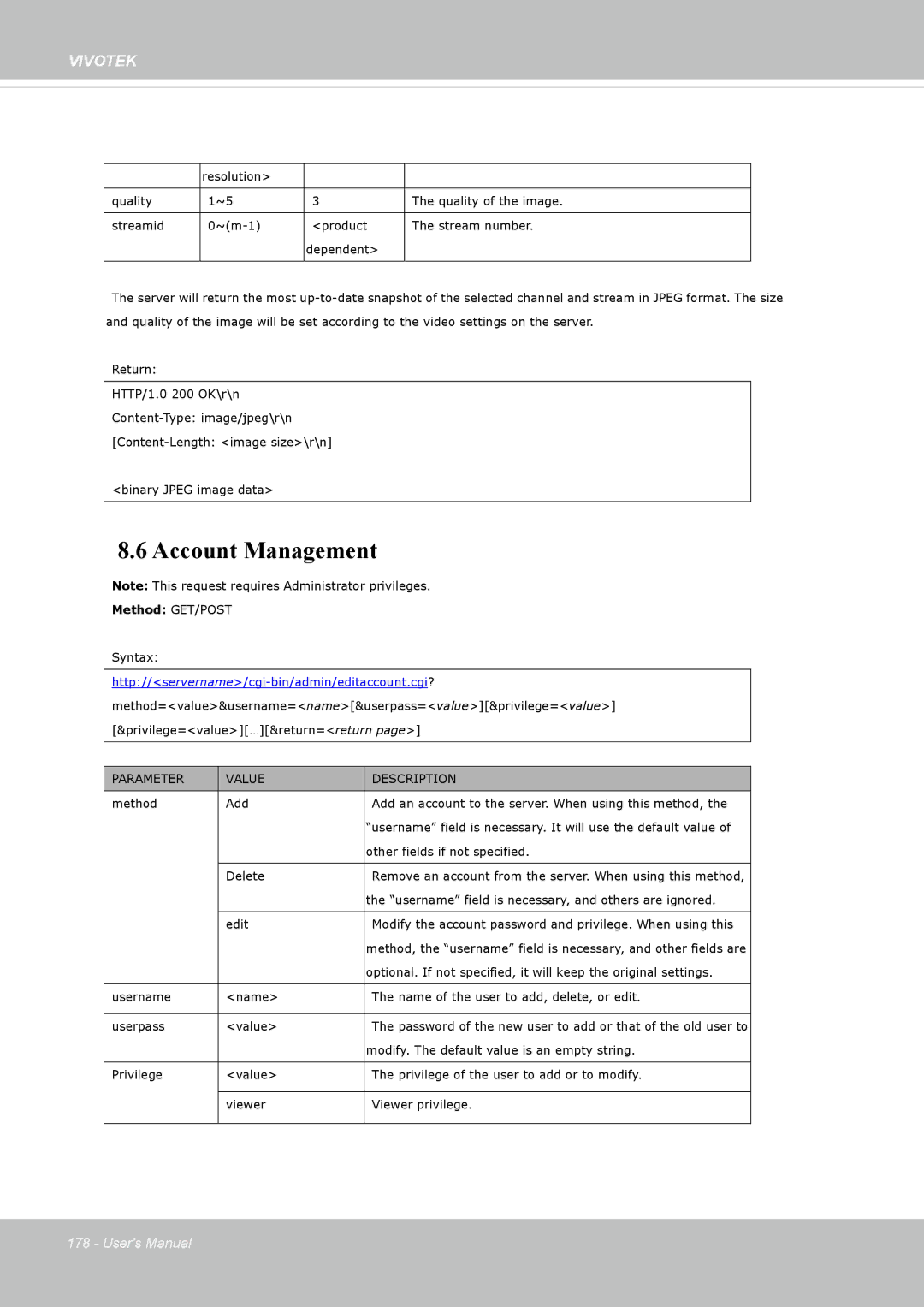 Vivotek FD8362, 62E manual Account Management, Method Add 