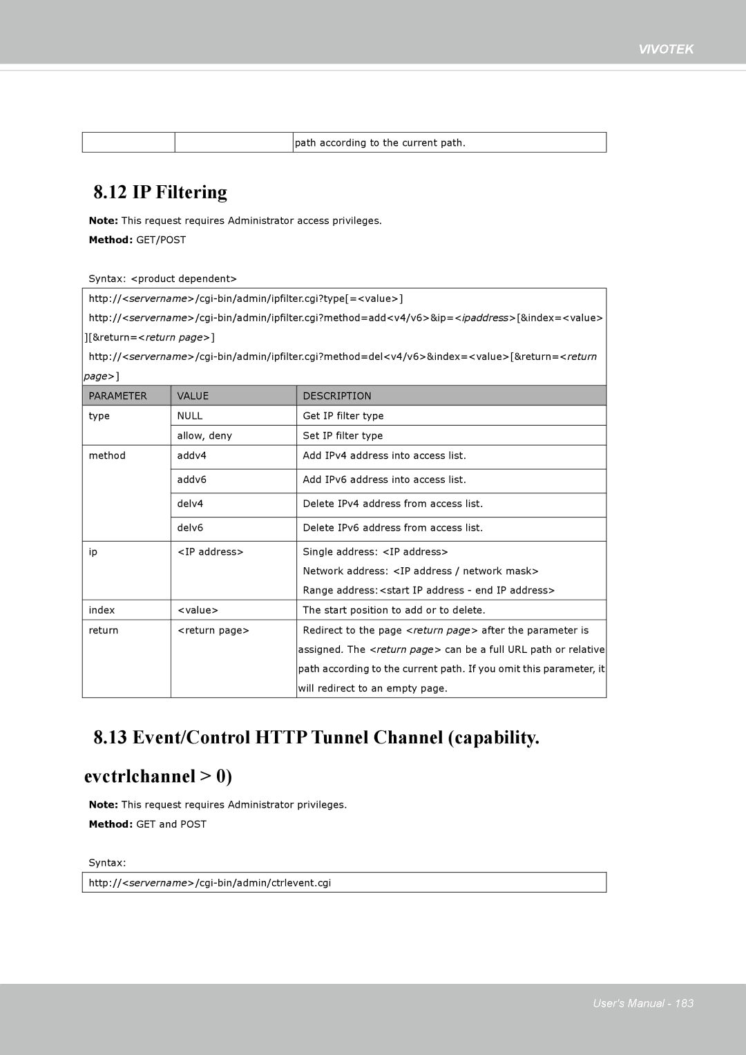 Vivotek 62E, FD8362 manual IP Filtering, Event/Control Http Tunnel Channel capability. evctrlchannel 