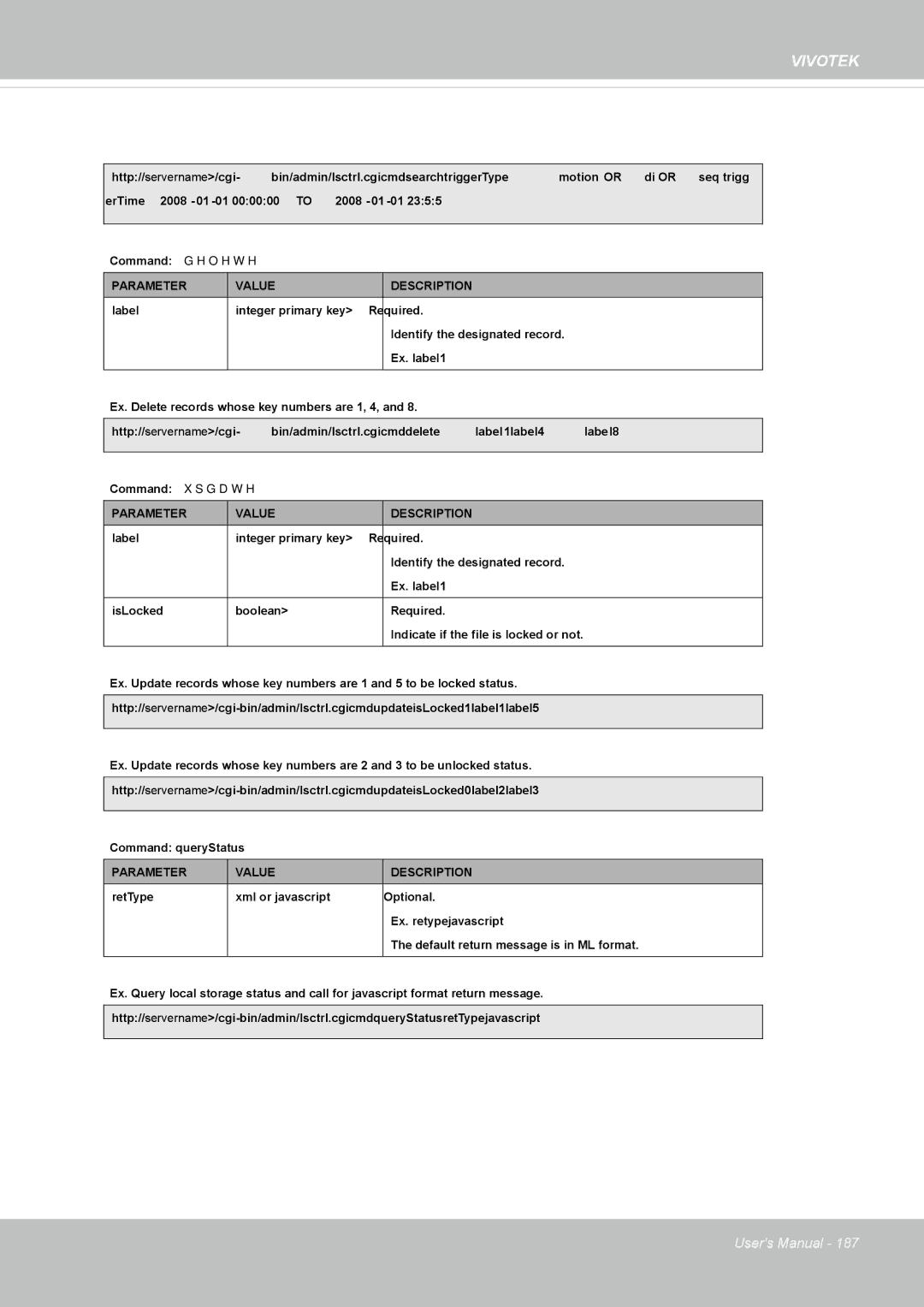 Vivotek 62E, FD8362 manual Command delete 