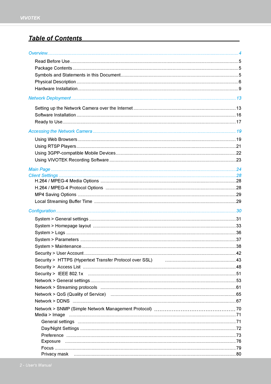 Vivotek FD8362, 62E manual Table of Contents 