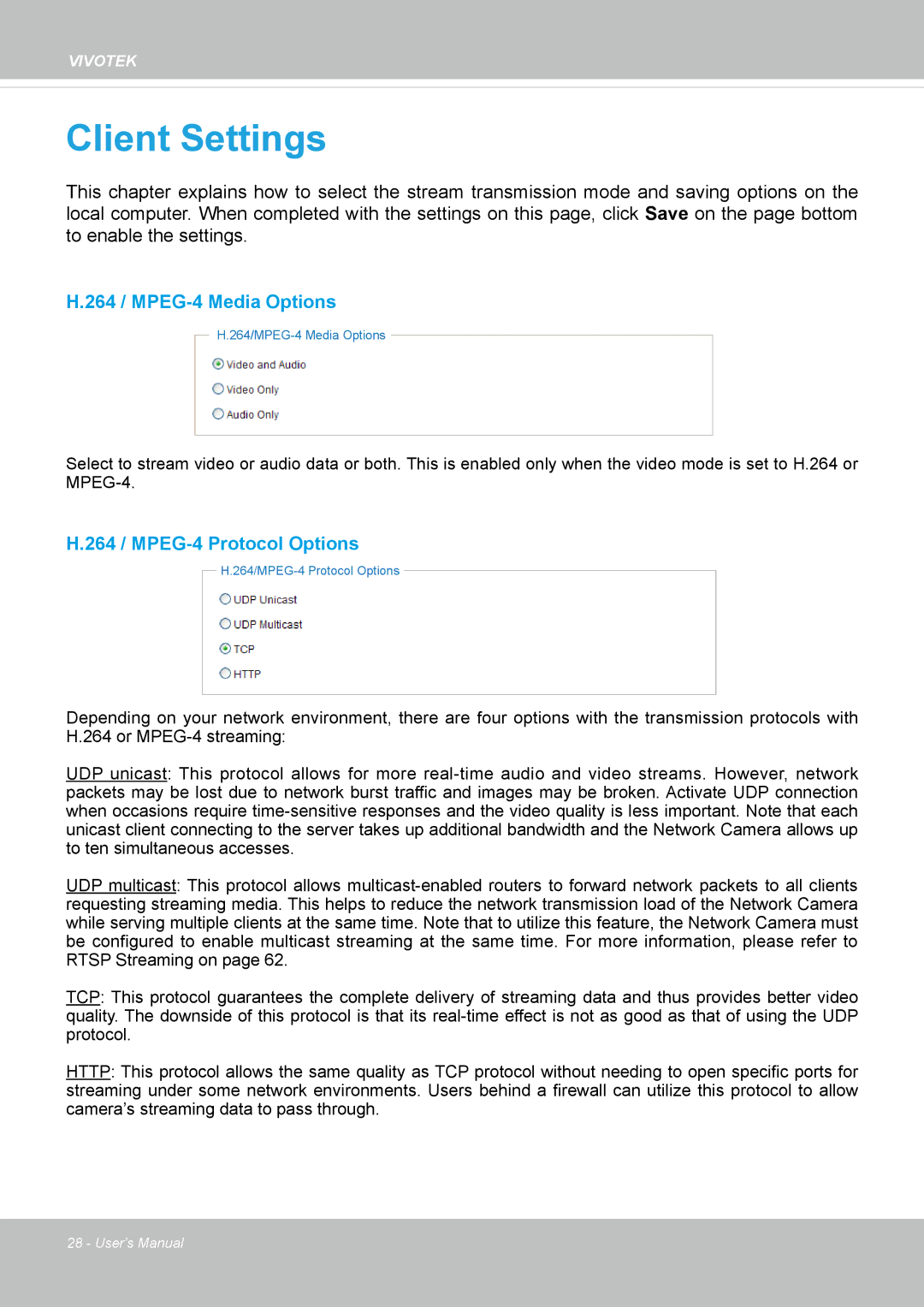 Vivotek FD8362, 62E manual 264 / MPEG-4 Media Options, 264 / MPEG-4 Protocol Options 