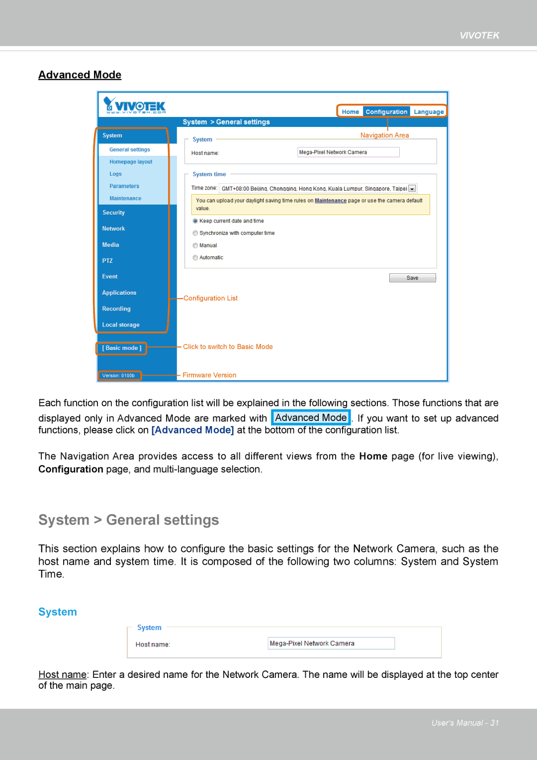 Vivotek 62E, FD8362 manual System General settings 