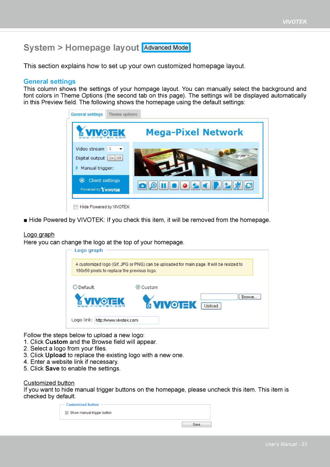 Vivotek 62E, FD8362 manual System Homepage layout, General settings 