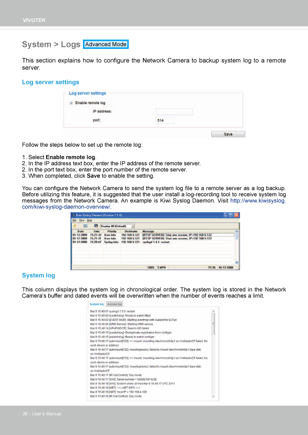 Vivotek FD8362, 62E manual System Logs, Log server settings, System log 