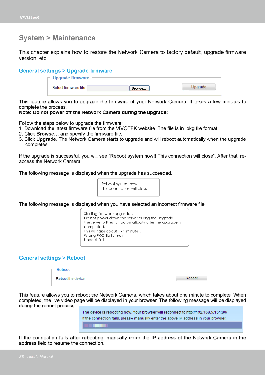 Vivotek FD8362, 62E manual System Maintenance, General settings Upgrade firmware, General settings Reboot 