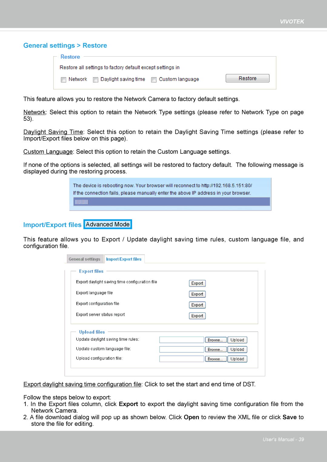 Vivotek 62E, FD8362 manual General settings Restore, Import/Export files 