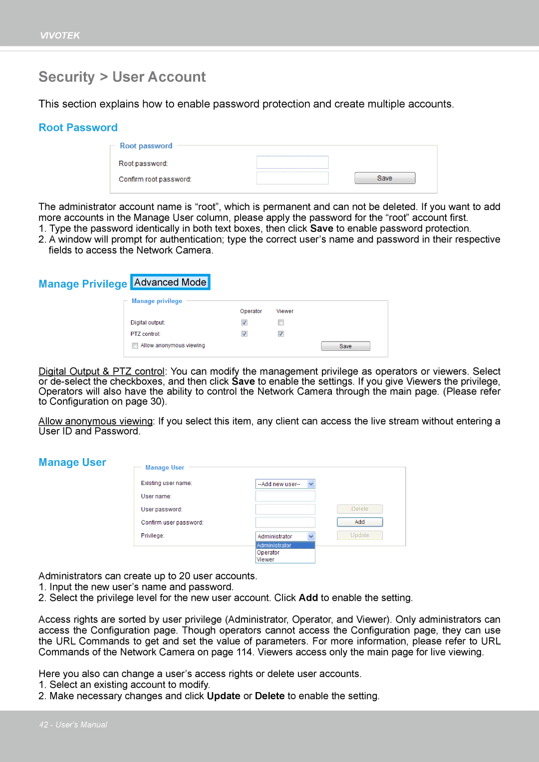 Vivotek FD8362, 62E manual Security User Account, Root Password, Manage Privilege, Manage User 