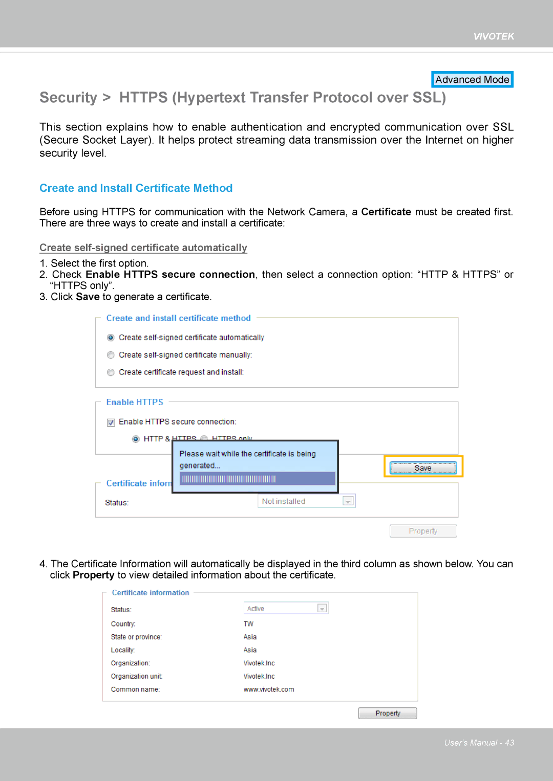 Vivotek 62E, FD8362 manual Security Https Hypertext Transfer Protocol over SSL, Create and Install Certificate Method 