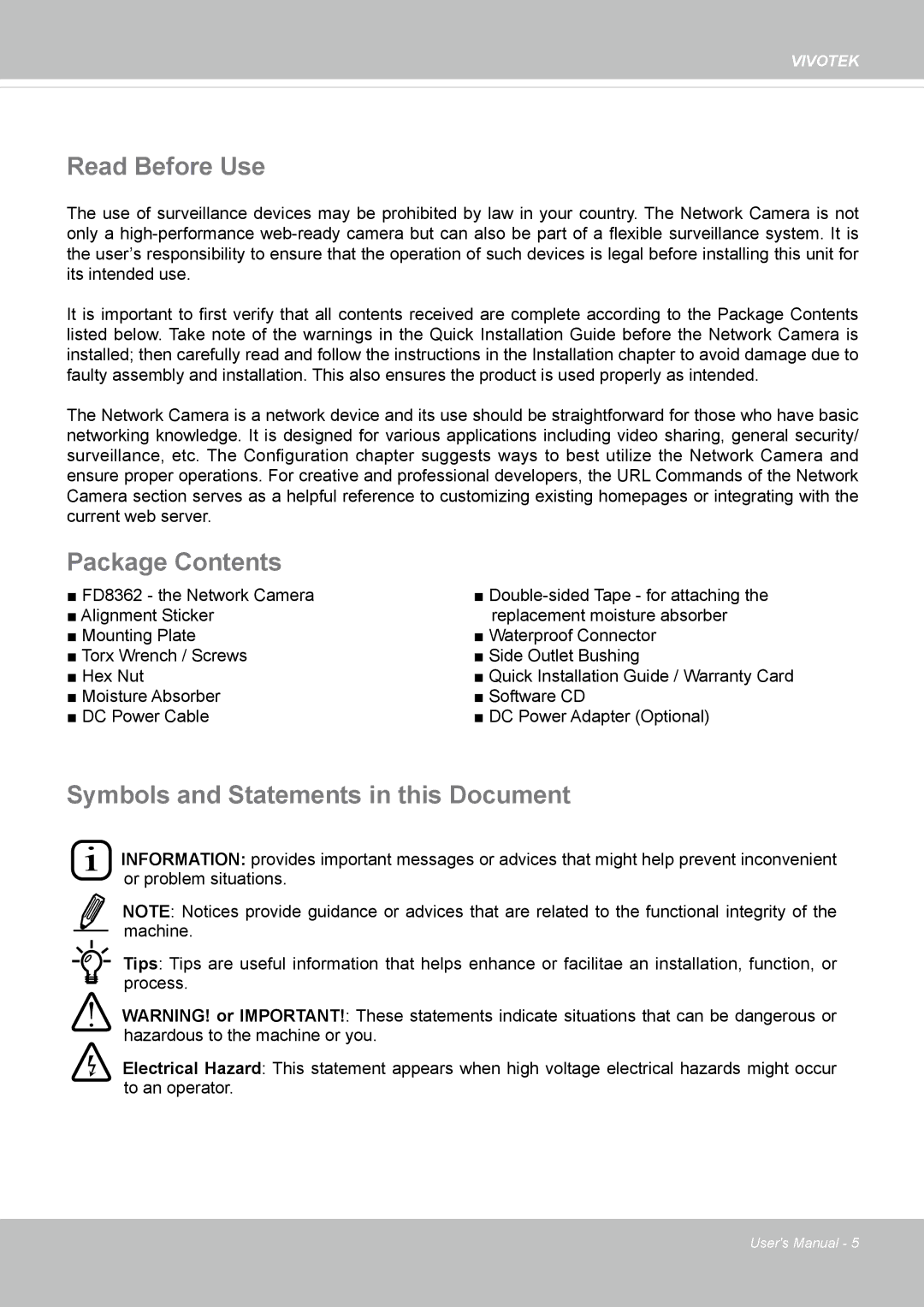 Vivotek 62E, FD8362 manual Read Before Use, Package Contents, Symbols and Statements in this Document 