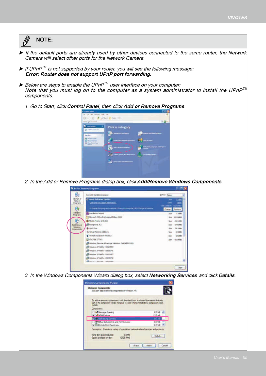 Vivotek 62E, FD8362 manual Error Router does not support UPnP port forwarding 