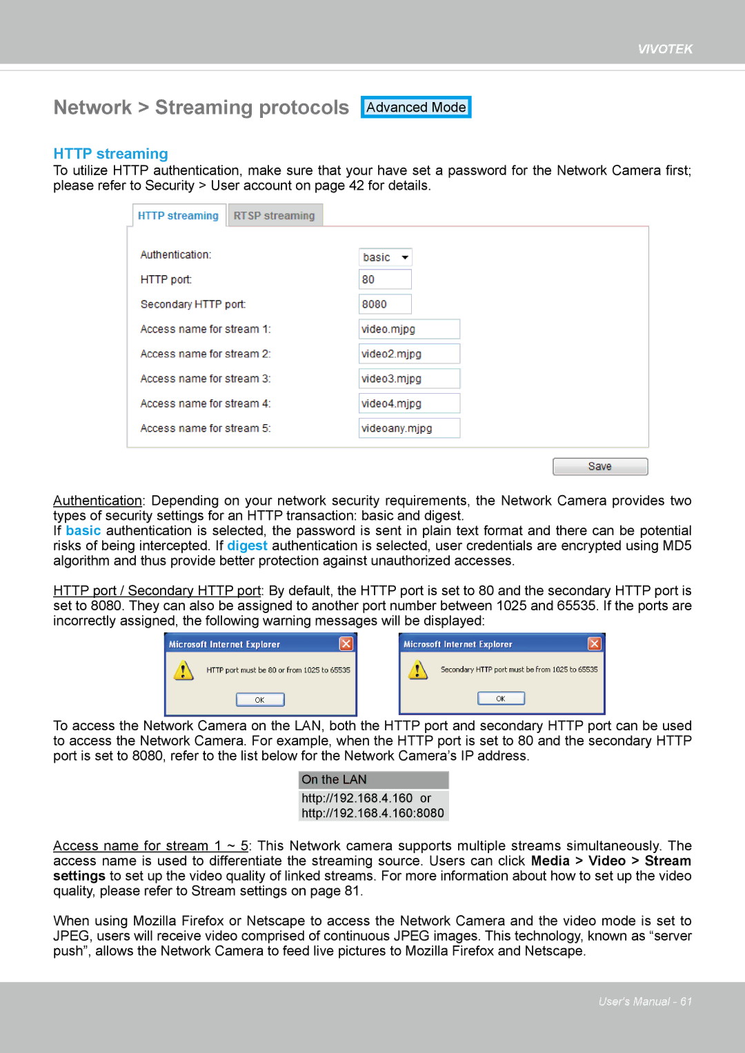 Vivotek 62E, FD8362 manual Network Streaming protocols, Http streaming 