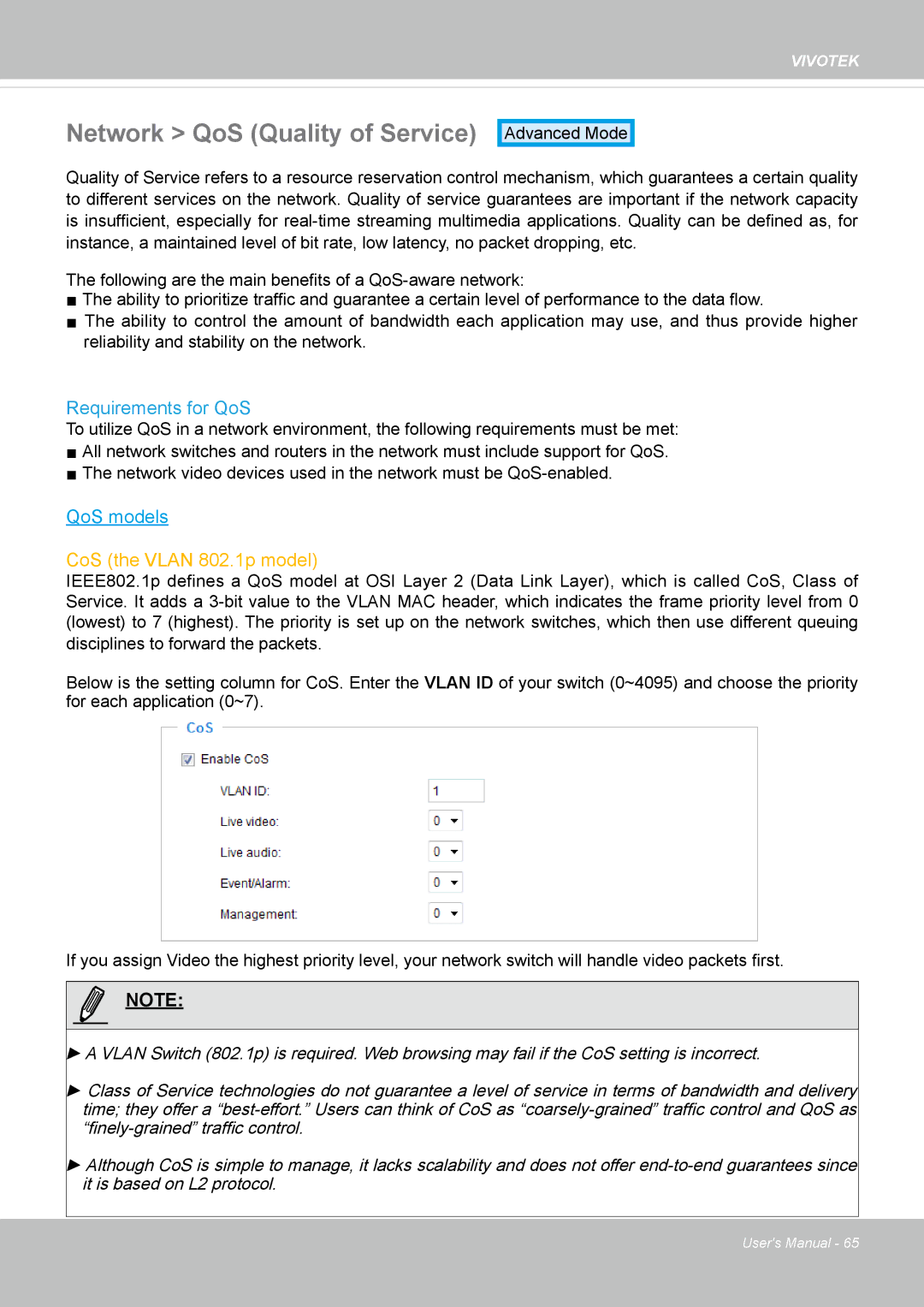 Vivotek 62E, FD8362 manual Network QoS Quality of Service, Requirements for QoS 