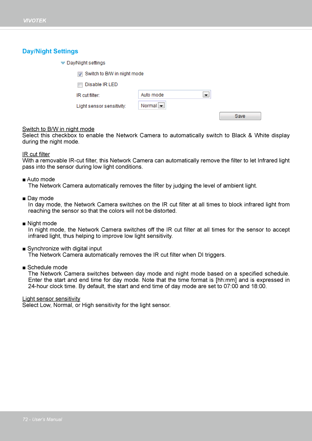 Vivotek FD8362, 62E manual Day/Night Settings 