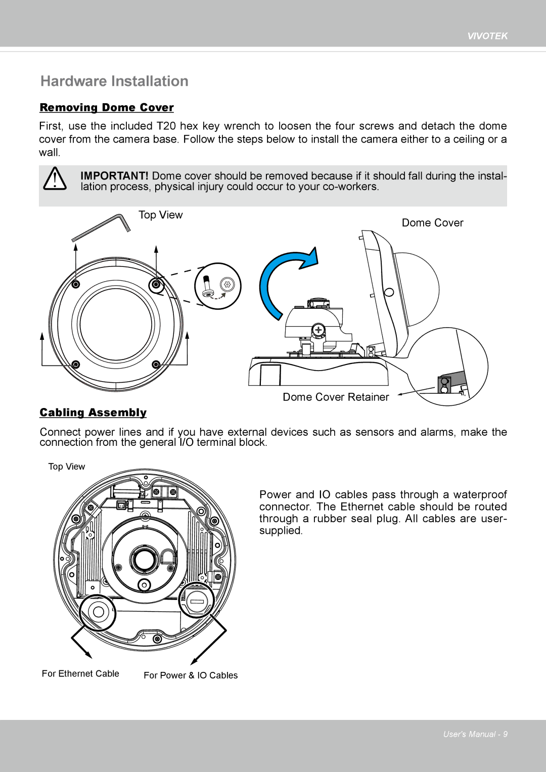 Vivotek 62E, FD8362 manual Hardware Installation, Removing Dome Cover 