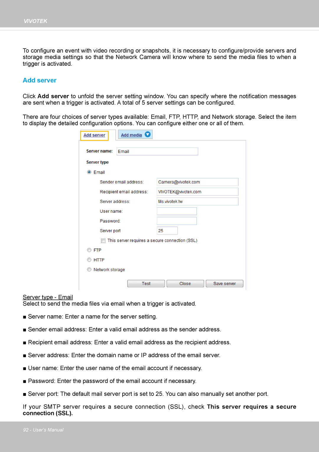 Vivotek FD8362, 62E manual Add server, Connection SSL 