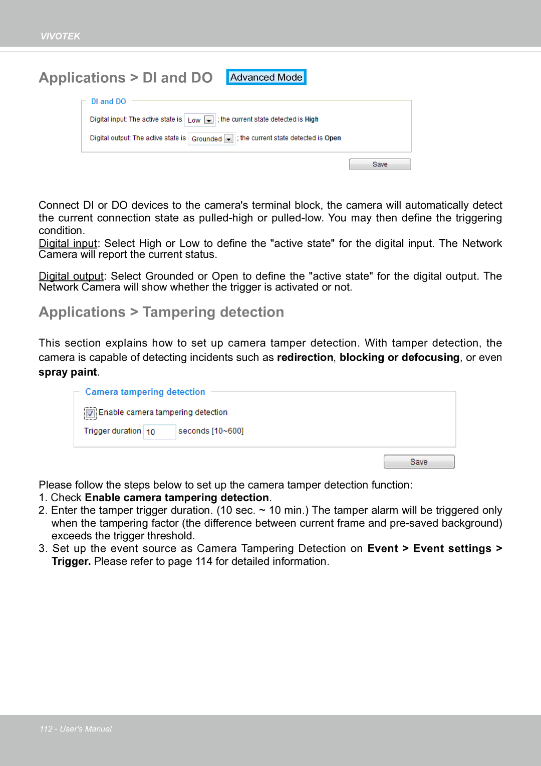 Vivotek fd8363 user manual Applications DI and do, Applications Tampering detection 