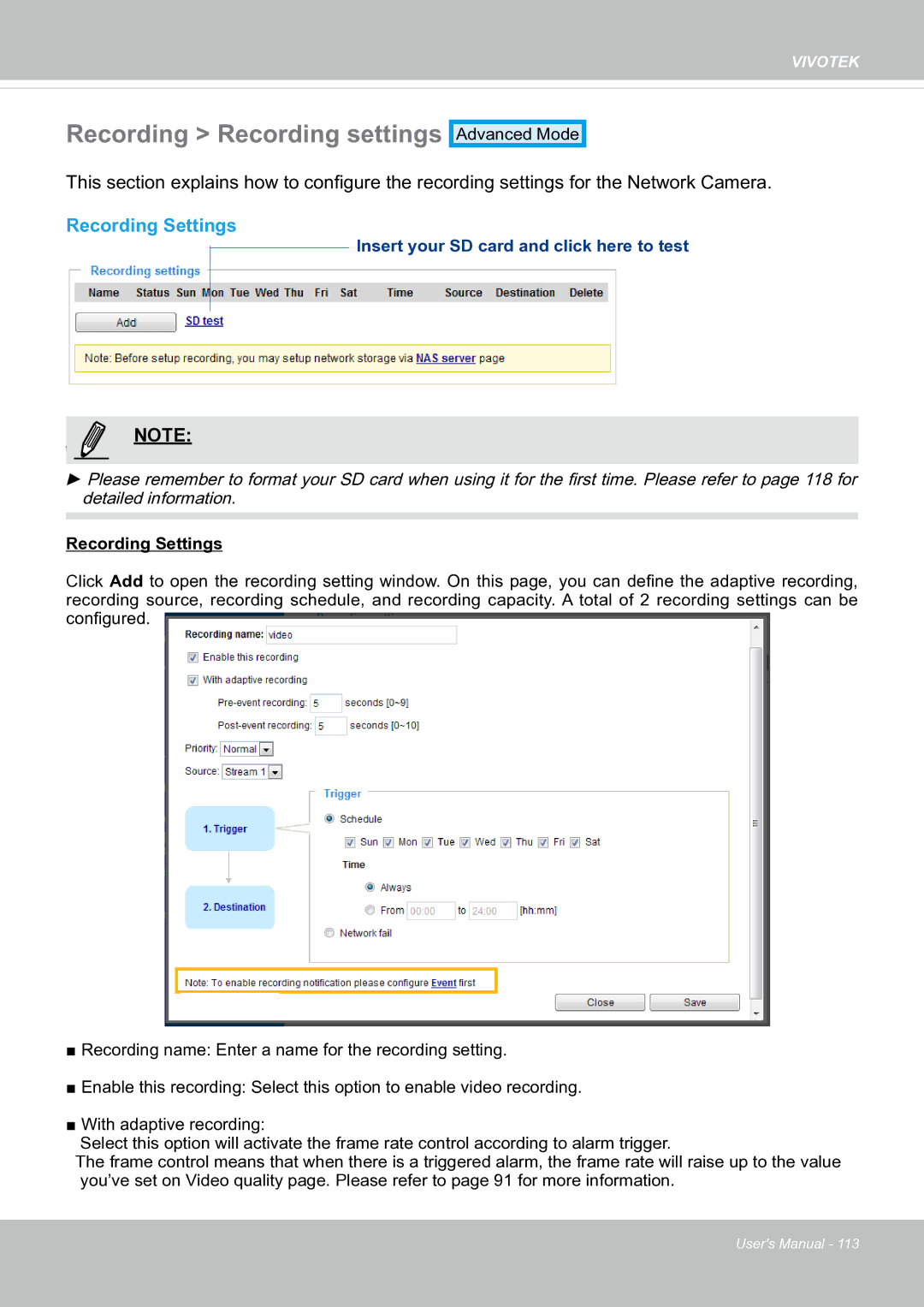 Vivotek fd8363 user manual Recording Recording settings, Recording Settings 