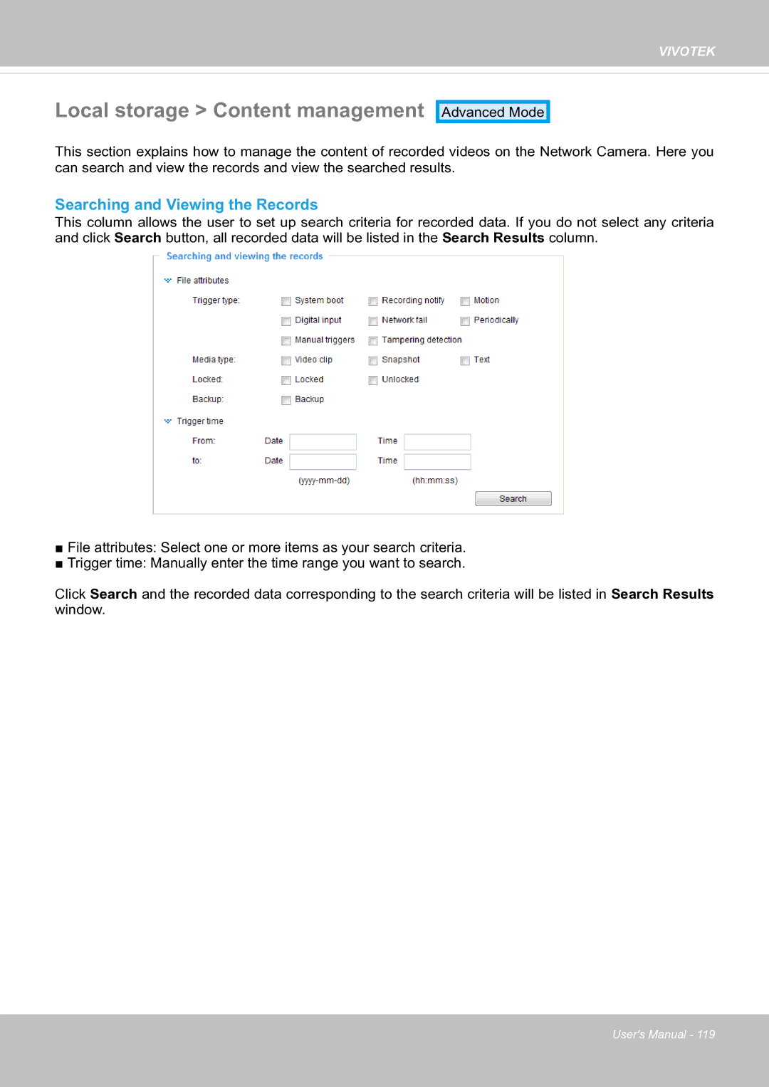 Vivotek fd8363 user manual Local storage Content management, Searching and Viewing the Records 